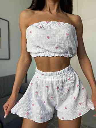 Женский нежный домашний костюм тройка: халат топ и шорты с сердечками муслин 100% хлопок Одесса