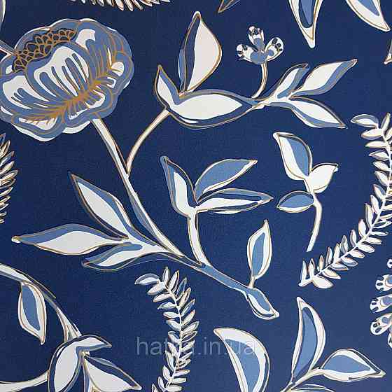 Шпалери вінілові на флізелін Caselio Mystery 0.53х10 м дитячі яскраві квіти листя білі блакитні на синьому тлі Київ