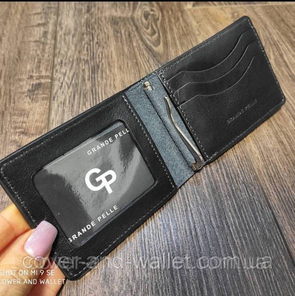 Зажим для денег и карточек из гладкой кожи ручной роботы Grande Pelle Черный Киев - изображение 1