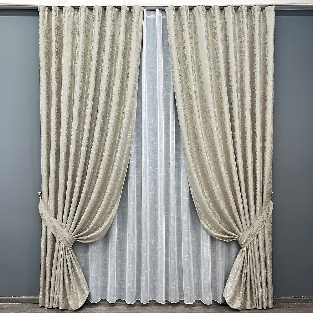 Комплект штор VR-Textil Льон Мармур 100х270 2шт і Тюль 300х270 1272ш-115т Теплий бежевий з білим 71-127/1 Київ - фото 1