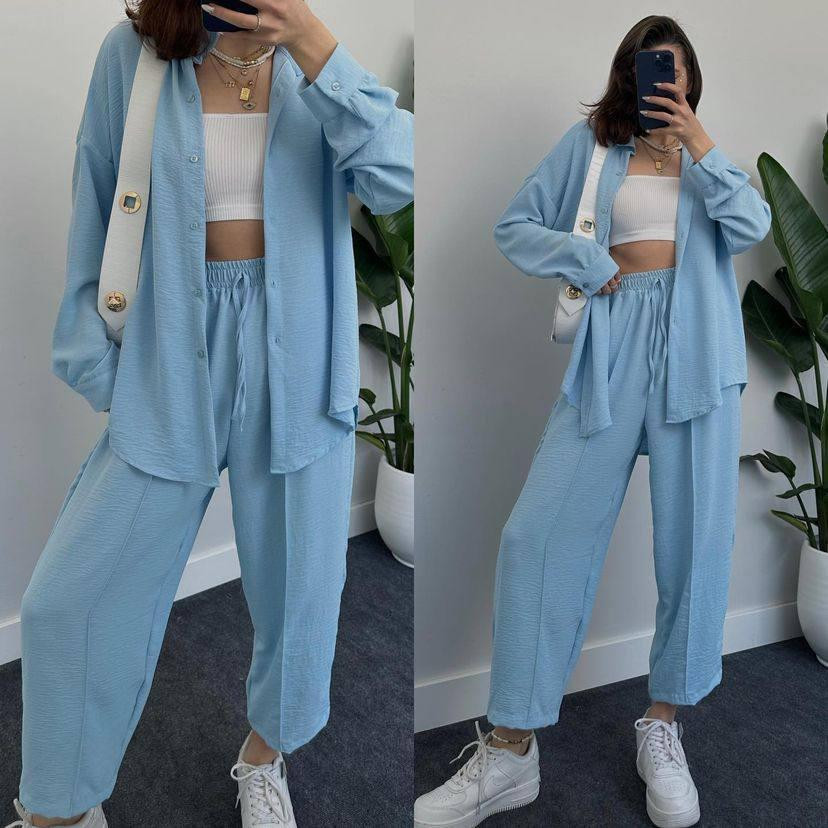 Женский легкий брючный костюм двойка: рубашка и брюки американский креп Голубой, 44/46 Одесса - изображение 1