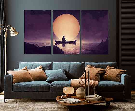 Модульная картина в гостиную / спальню    Один в каноє     ART-157_3A Киев