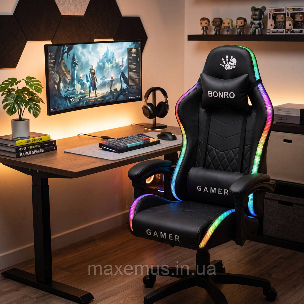 Компьютерное геймерское кресло Bonro Gamer B-149 Черное с LED-подсветкой (Игровое кресло) Мостиська - фото 7