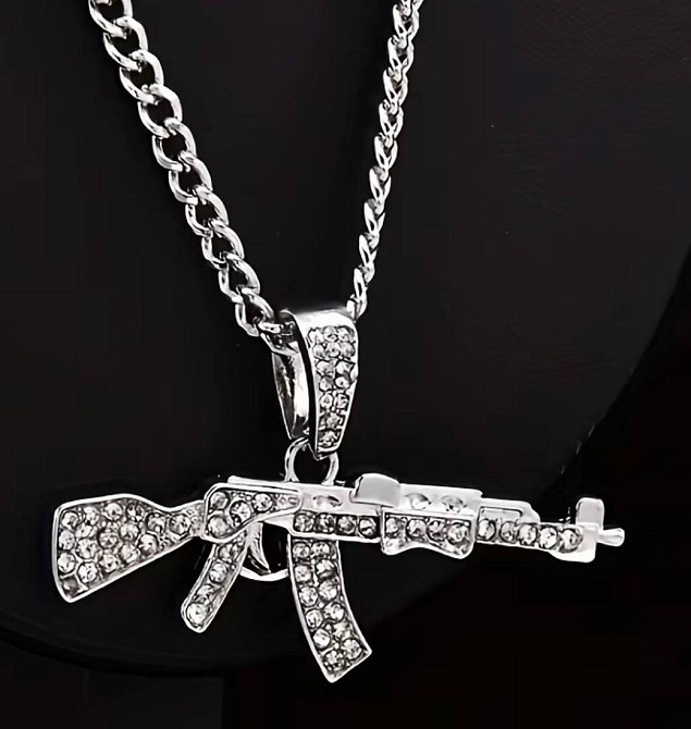 Кулон автомат с кристаллами серебристый мужская цепочка с подвеской оружие ожерелье 45+5 см Киев - изображение 1