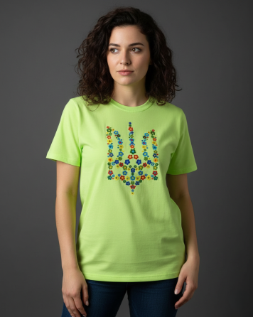 Жіноча Патріотична футболка вишита гладдю квітковий тризуб Київ