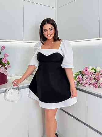 Женское стильное комбинированное мини платье с квадратным вырезом костюмка + 100% белый коттон Черный, 50/52 Одесса