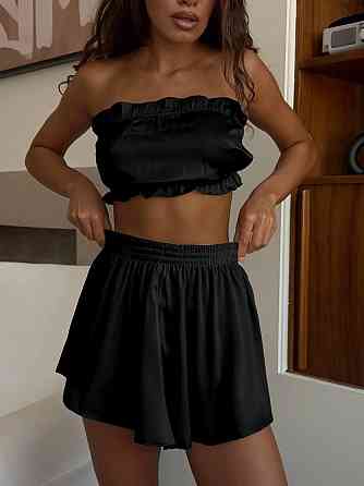 Жіноча піжама-трійка: топ шорти та штани із шовку армані Чорний, 44/46 Одеса