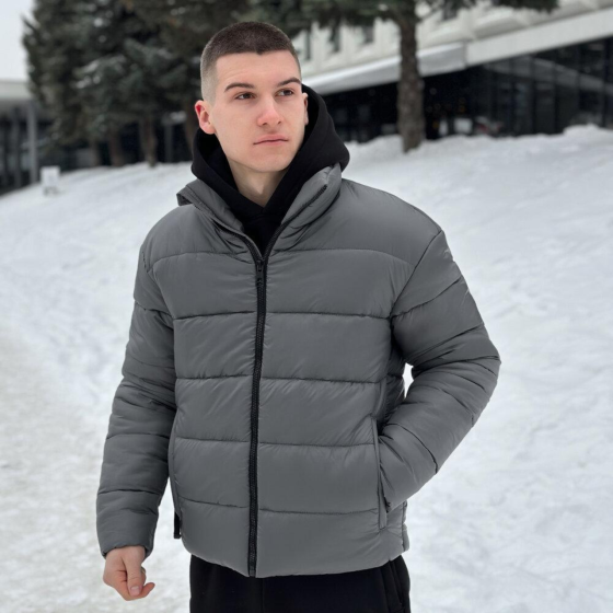 Чоловічий пуховик зимовий дутий короткий, куртка тепла Pobedov Bubble Gum водовідштовхувальна до -20 темно-сіра Одеса