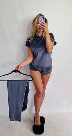 Піжама-комплект (футболка+шорти+штани) з плюшевого велюру Графітовий L Харків