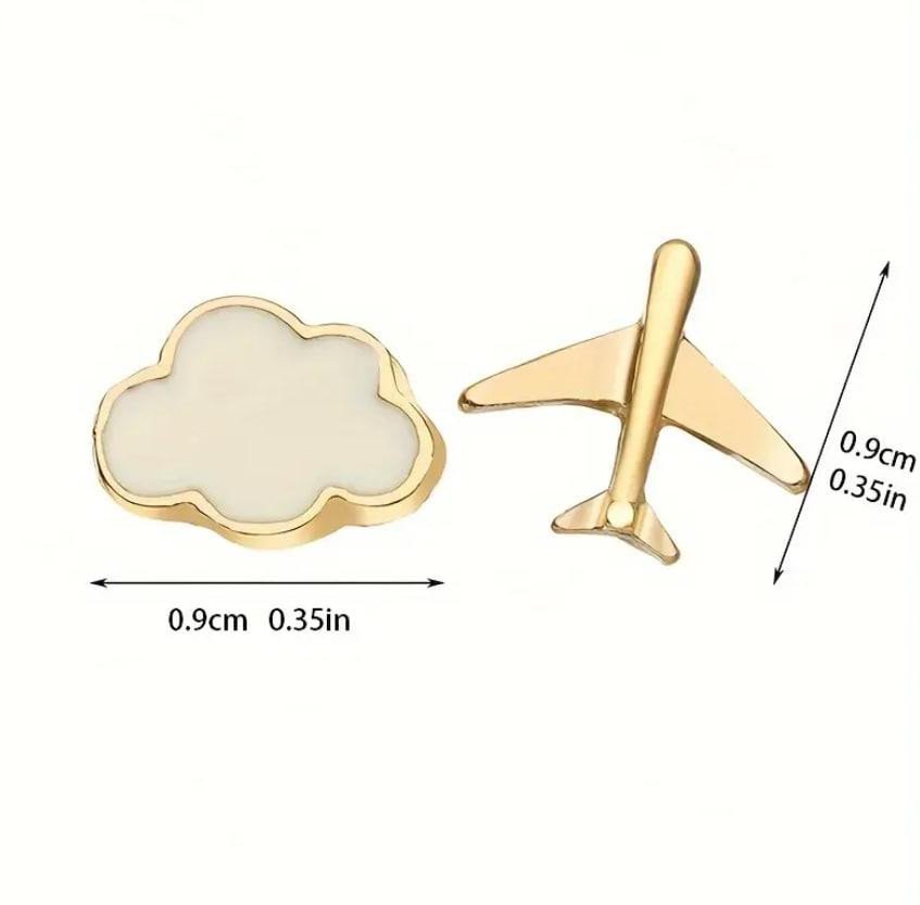 Серьги-пусеты минималистичные с дизайном самолета и облака 2 шт, цинковый сплав, эмаль, золотистые Киев - изображение 4