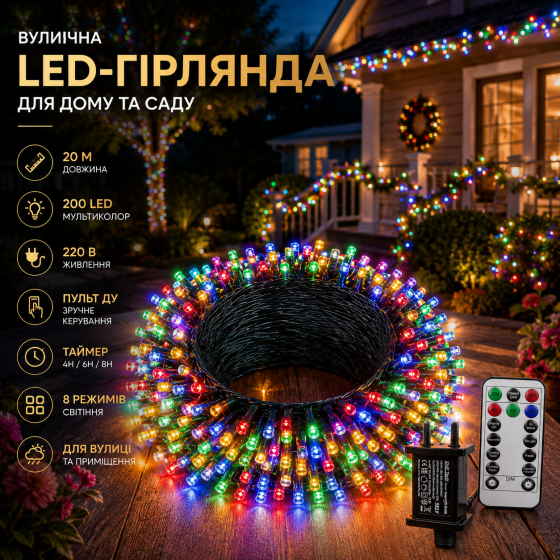 Уличная LED-гирлянда 20 м 200 LED мультиколор, 220 В, пульт ДУ, таймер, 8 режимов, для дома и сада Киев