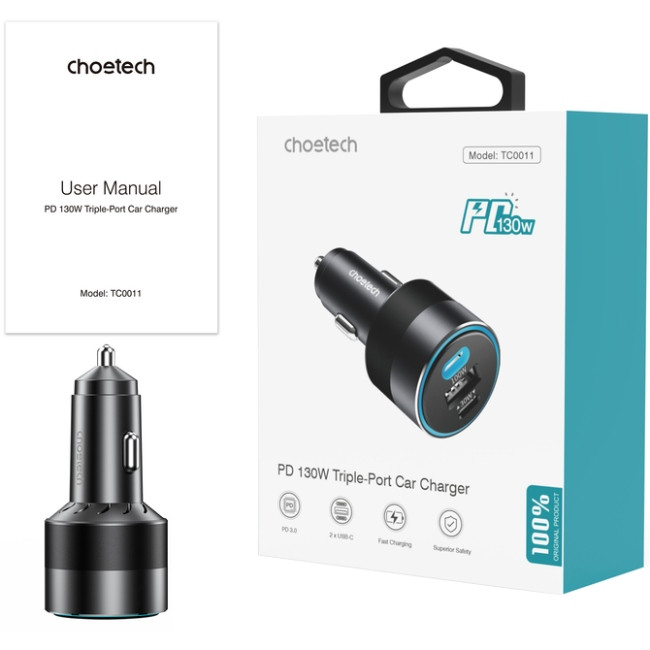 Автозарядка 3xUSB 124W (2xUSB-C+USB-A) PD3.0 100W чорна Choetech Винница - изображение 4