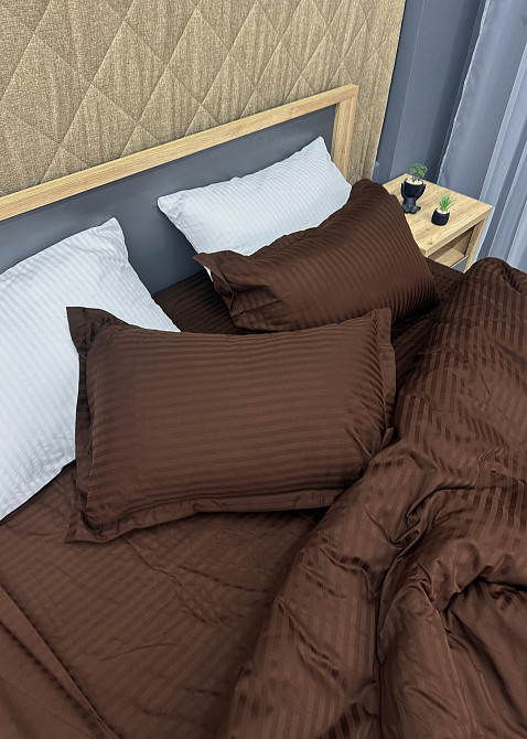 Комплект постельного белья Страйп-сатин Евро 200х230 с простыней на резинке Шоколадный (88-186) Киев - изображение 7