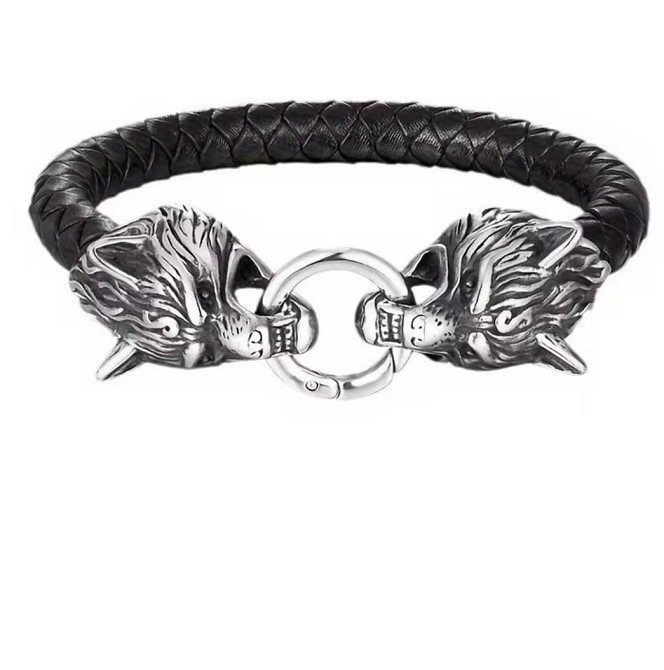 Чоловічий браслет з вовками чорний, плетений браслет зі штучної шкіри, масивний аксесуар Київ - фото 2