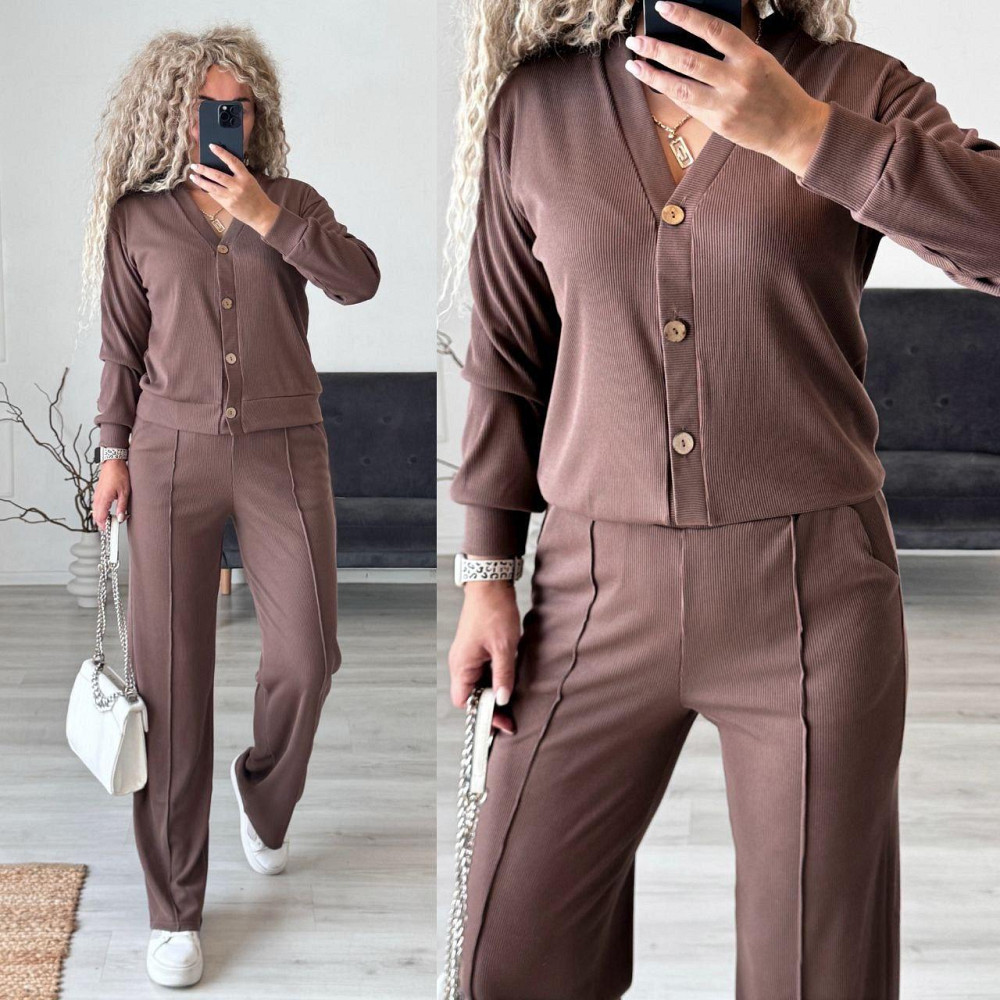 Женский стильный повседневный костюм двойка: кардиган на пуговицах + брюки трикотажный рубчик Мокко, 52/54 Одесса - изображение 10