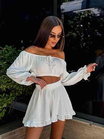 Женский легкий романтичный костюм двойка: топ и шорты американский креп жатка Одесса