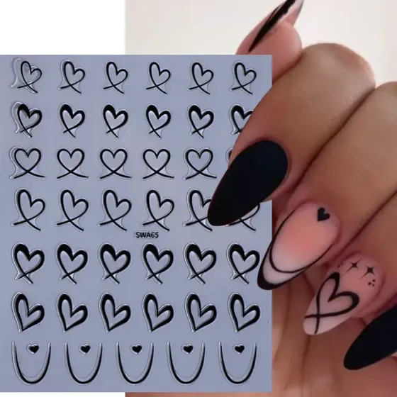 Стикеры для ногтей сердца 3D – 3 листа, черные, белые, розовые Киев