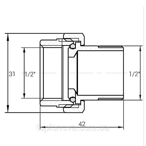 Сгон американка прямая латунная 1/2″ВР х 1/2″НР штампованная с резиновой прокладкой Б0809А VA Черновцы