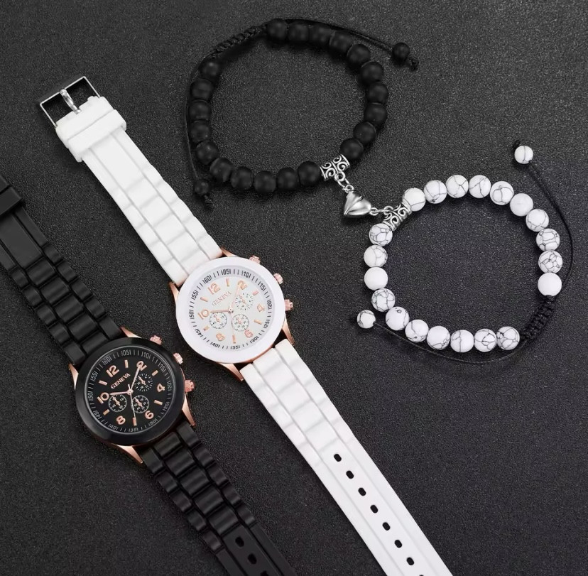 Подарочный набор для мужчин и женщин 2 парные часы с 2 браслетам серце черно-белый Киев - изображение 3