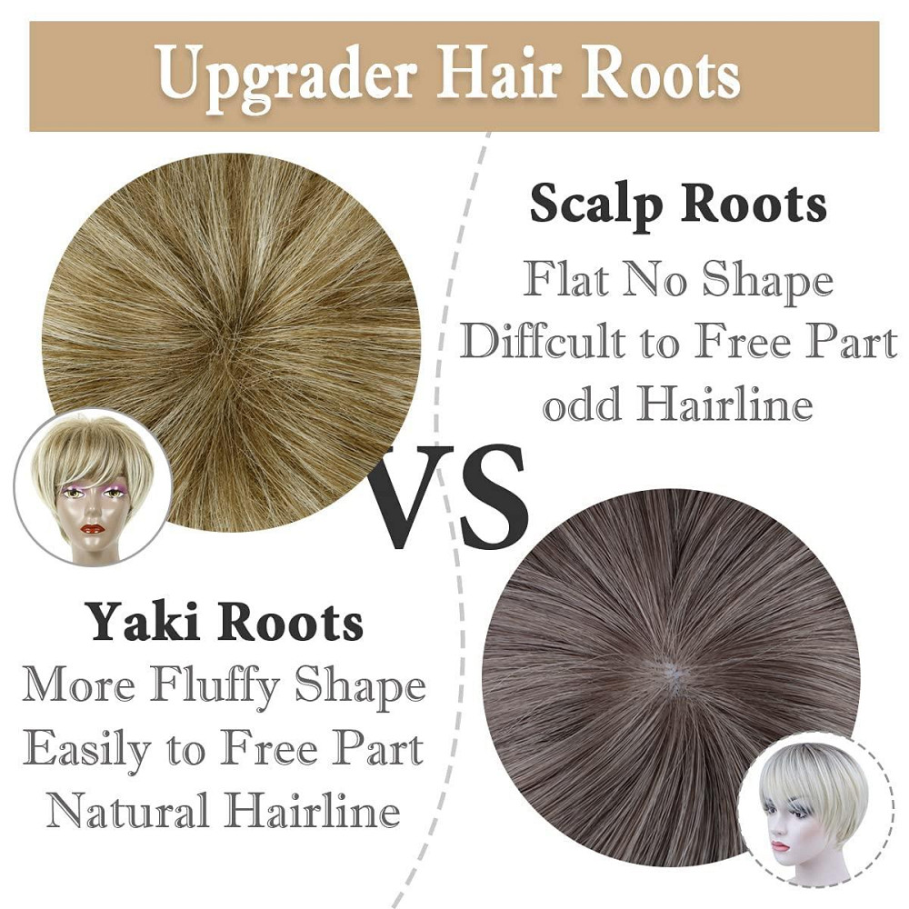 Стильна коротка багатошарова жіноча перука піксі з чубчиком, блонд з затемненим корінням , термостійка, PHOCAS Київ - фото 4