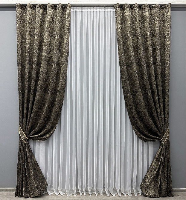 Комплект готовых штор VR-Textil Жаккард Fantasy № 1632ш Венге с бежевым 150х290 см 2 шт (33-0536) Киев - изображение 2