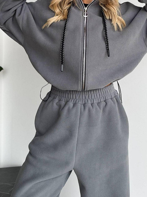 Женский стильный женский флисовый костюм-оверсайз с капюшоном. Серый, 42/44 Одесса - изображение 5