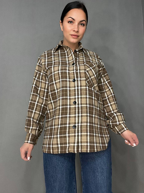 Сорочка жіноча Ariadna 2433 оверсайз подовжена картата тонка фланель в клітинку на гудзиках one size, світло-коричневий, one size Київ - фото 1