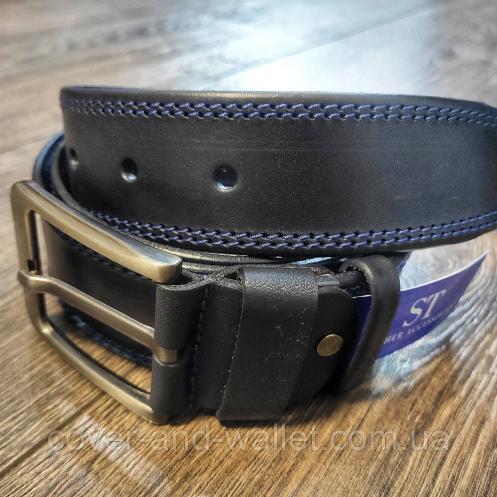 Стильний широкий чоловічий шкіряний ремінь чорного кольору 40мм ST Leather Київ - фото 3