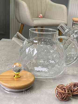 Чайник заварювальний Olens "Ромбус" 1000 мл скляний із бамбуковою кришкою для дому та ресторану Київ