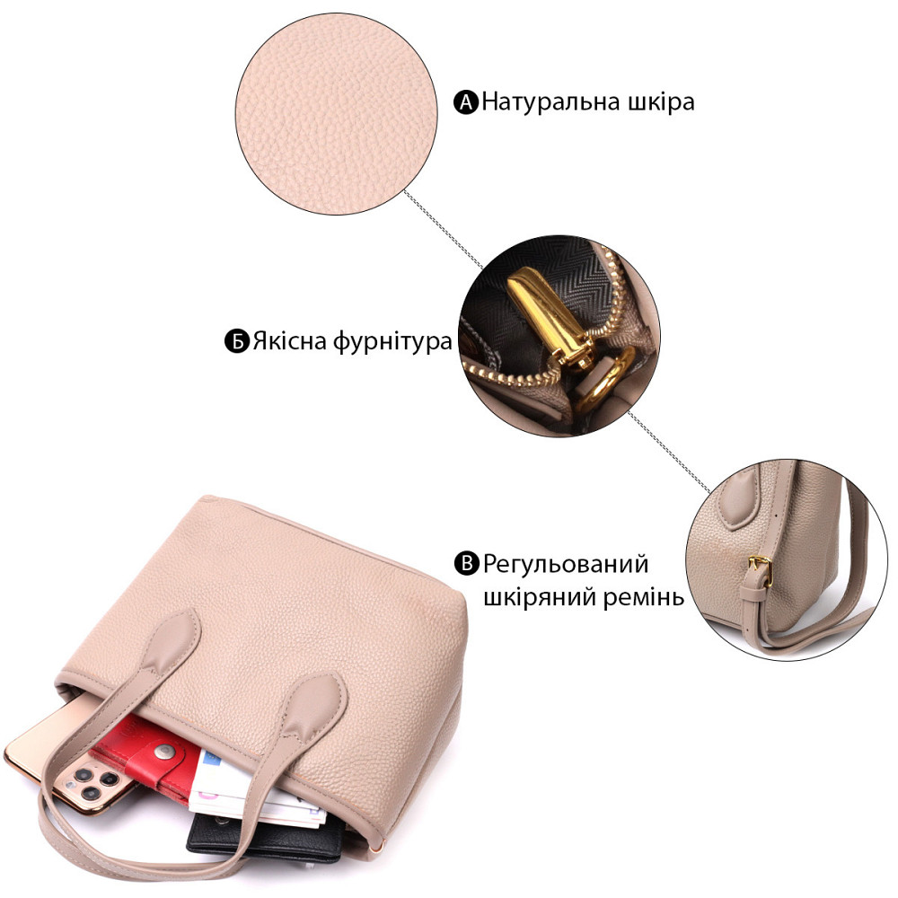 Жіноча сумка з двома ручками з натуральної шкіри Vintage 22283 Бежева Київ - фото 4