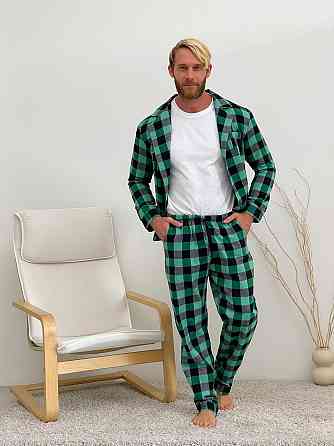 Піжама чоловіча COSY з фланелі (штани + сорочка + футболка) клітинка зелена/чорна L XL Київ