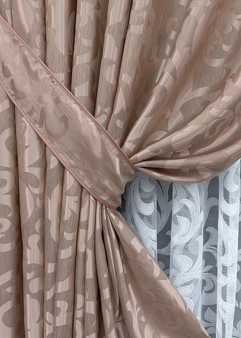 Комплект штор VR-Textil Жакард Вензель 100х270 2шт і Тюль 300х270 090ш-1147т Пудровий з білим 71-096/1 Київ - фото 4