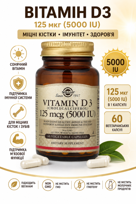 Вітамін D3 Solgar Vitamin D3 5000 МО 60 вег капс Київ - фото 6