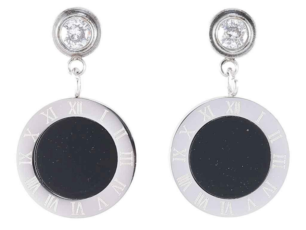 Сережки Stainless Steel Родій пусети «Круглі підвіски з циферблатом і чорними вставками» (253633) ТМ XUPING Київ - фото 1