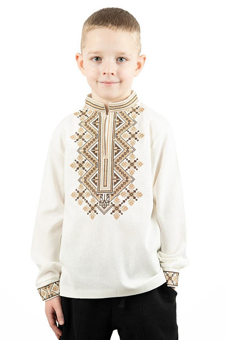 Вишиванка для хлопчиків із довгим рукавом лляна, молочна, топ Київ - фото 1