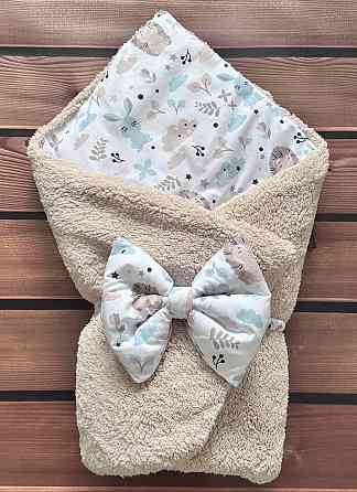 Зимовий стильний конверт - плед «Тедді Тваринки» для малюка з бантиком 100х80 см BST Бежевий з принтом Кривий Ріг