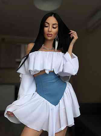 Женский романтичный костюм двойка: многослойная блуза и шорты-юбка креп шифон + джинс бенгалин 46/48 Одесса