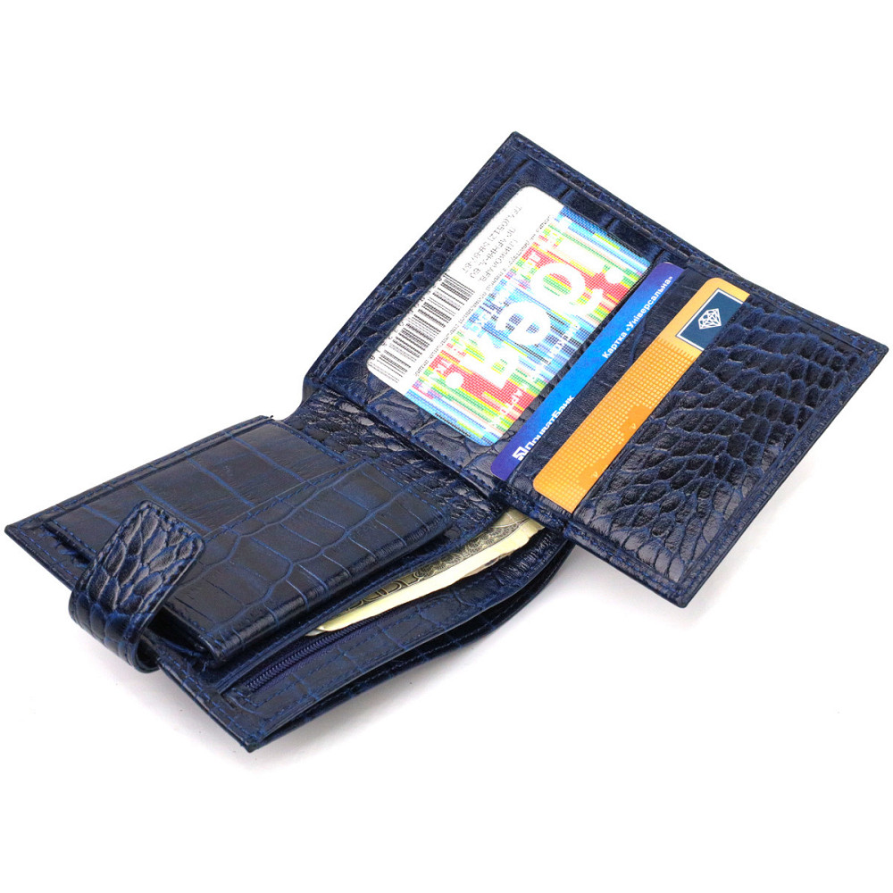 Бумажник для мужчин горизонтального формата из натуральной кожи с тиснением под крокодила CANPELLINI 21769 Синий Киев - изображение 4