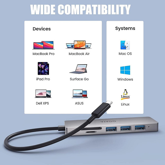 YIYOO 6-в-1 USB-C хаб, HDMI 4K@30Hz, 3x USB 3.0, SD/TF, адаптер для MacBook, Surface, XPS, PS5, Xbox Київ - фото 4