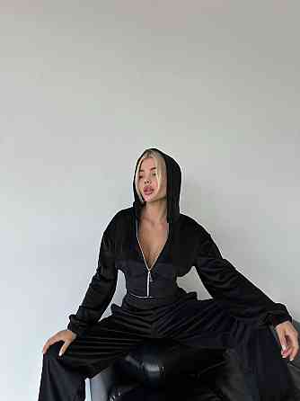 Жіночий стильний прогулянковий костюм-двійка: кофта та штани велюр-плюш Чорний, 42/46 Одеса