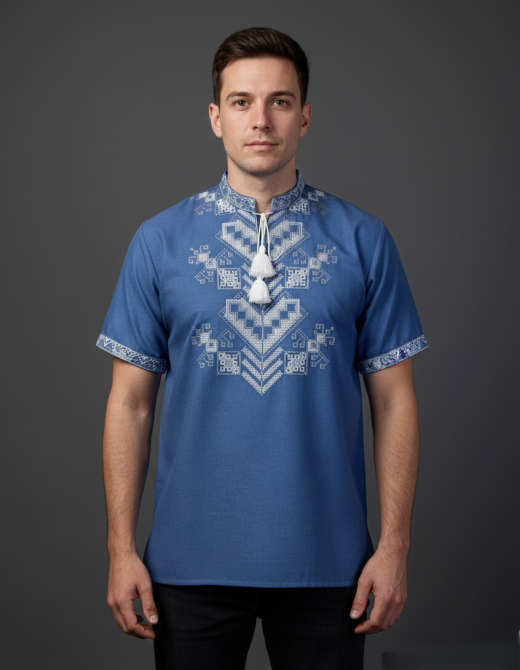 Синяя мужская вышиванка из домотканого полотна Дерево жизни короткий рукав 50 Киев - изображение 1