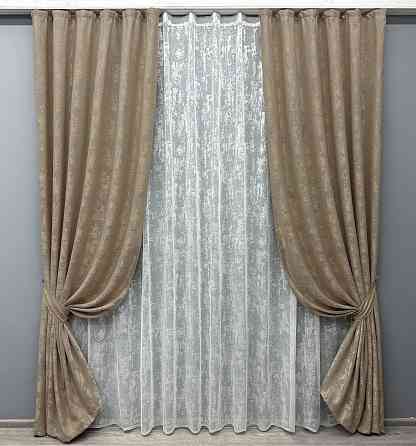 Комплект штор VR-Textil Жаккард Мрамор 150х270 2шт и Тюль 600х270 1207ш-1400т Капучино с белым 71-005/5 Киев