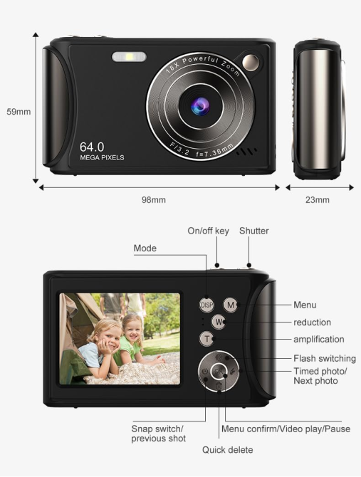 Цифровой фотоаппарат FotuYogo 64 Мп, Full HD 1080P, 18x зум, LCD 2,4
