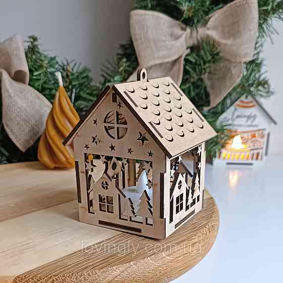 Будиночок-підвіска 10 см з LED підсвіткою — новорічна прикраса з дерева. Святковий декор ручної роботи Ірпінь