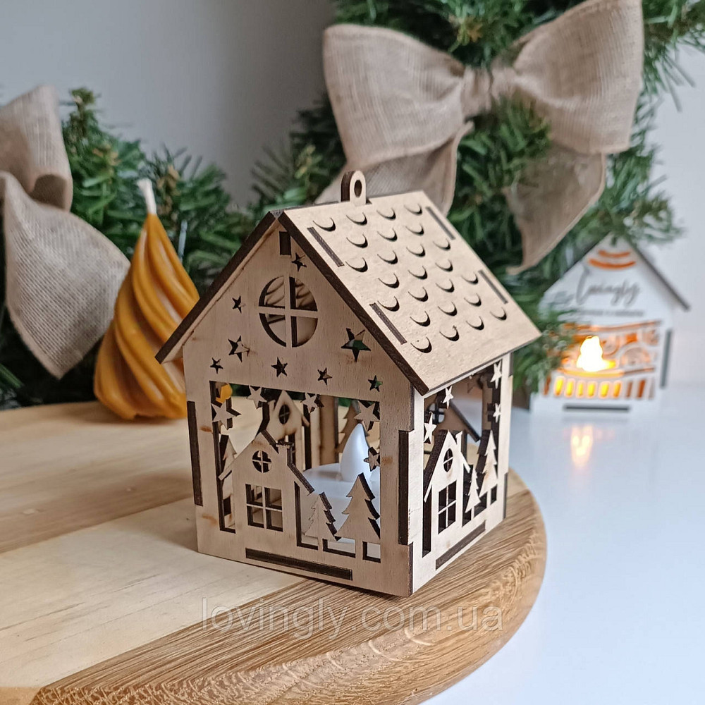 Домик-подвеска 10 см с LED подсветкой - новогоднее украшение из дерева. Праздничный декор ручной работы. Ирпень - изображение 3