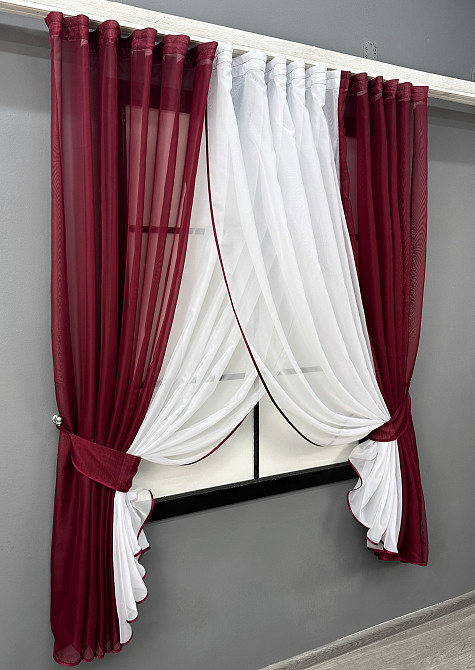 Кухонні шторки VR-Textil № 096к з підв'язками бордовий з білим 400х170 см (52-1219) Київ - фото 2
