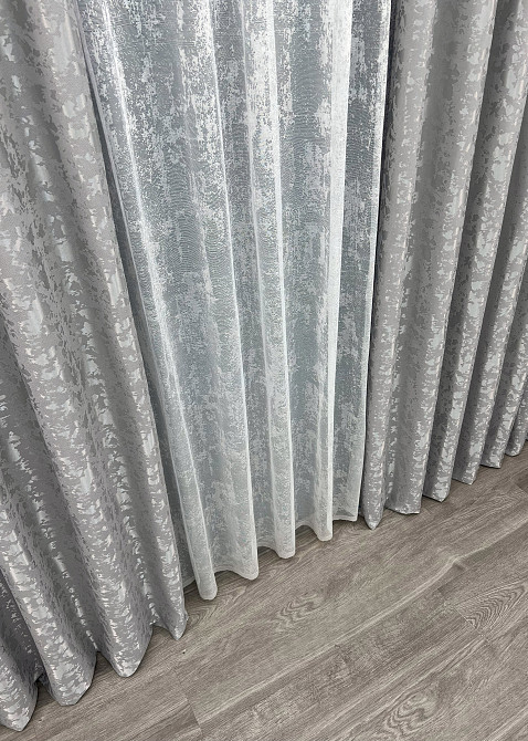 Комплект штор VR-Textil Льон Мармур 200х270 2шт і Тюль 500х270 1263ш-1400т Світло-сірий з білим 71-133/6 Київ - фото 8
