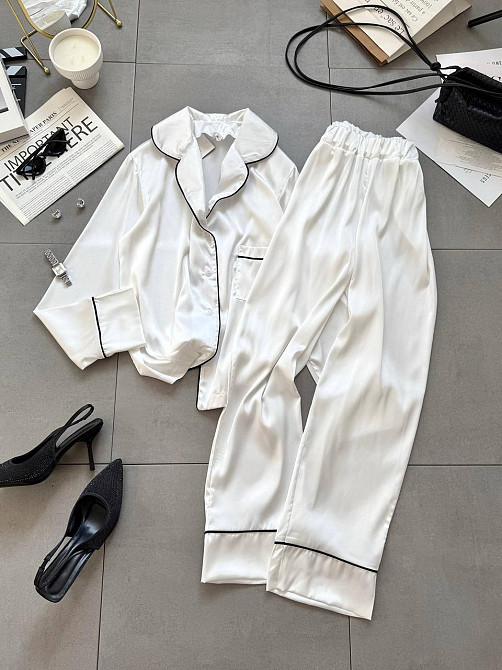 Жіноча легка піжама подвійна: сорочка та штани шовк Білий, 46/48 Одеса - фото 1