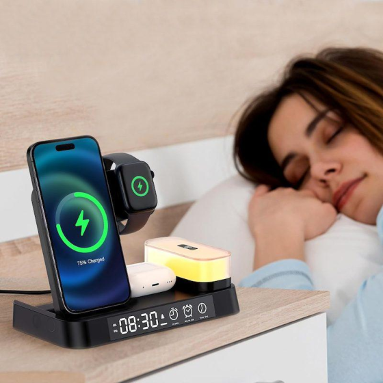 Настольный Стенд 4В1 Зарядка с электронными часами для 3 гаджетов І Apple, Samsung, Galaxy Watch Киев