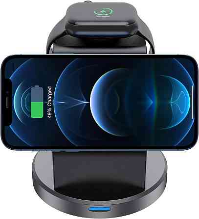 Магнітна зарядна док-станція СтенД 3в1 W11AP-23W Lightning для телефона годинника та навушників Чорний Вінниця